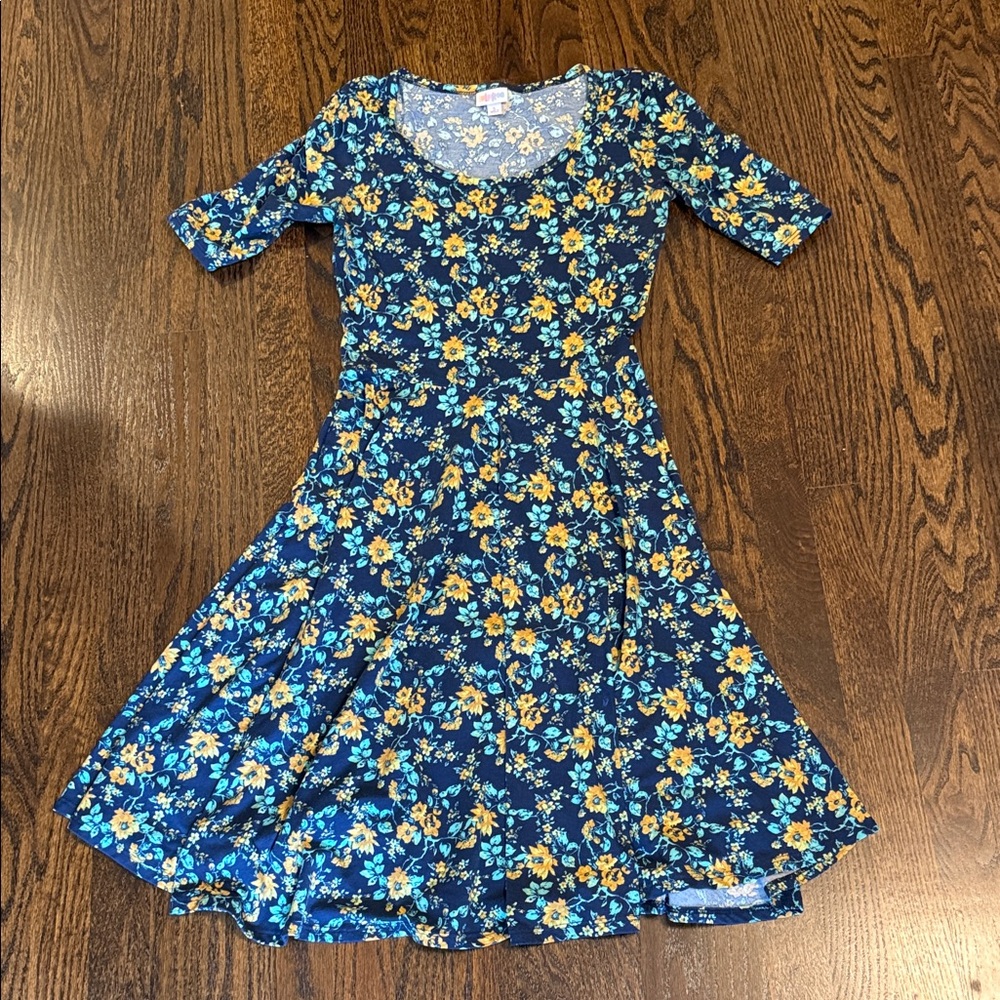 Women’s Floral Fit-and-Flare Dress in Navy and Yellow